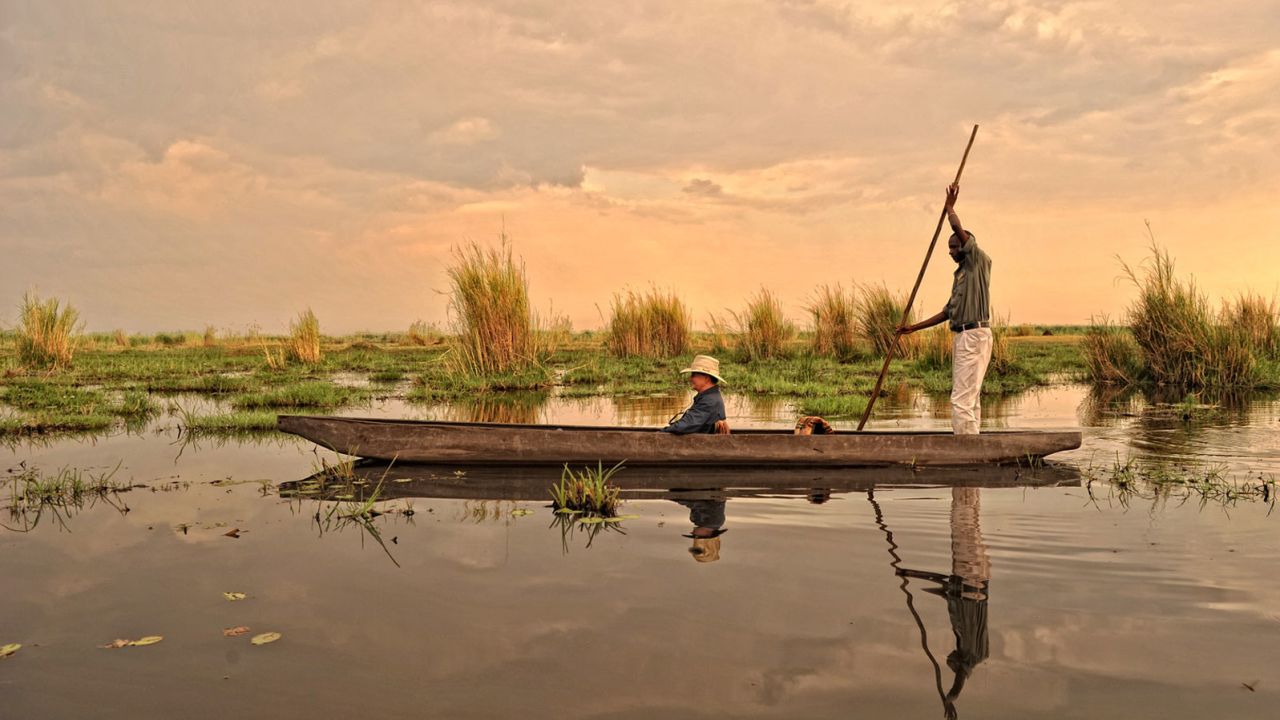 Mokoro canoes are used to travel through the wetlands of Okavango Delta.