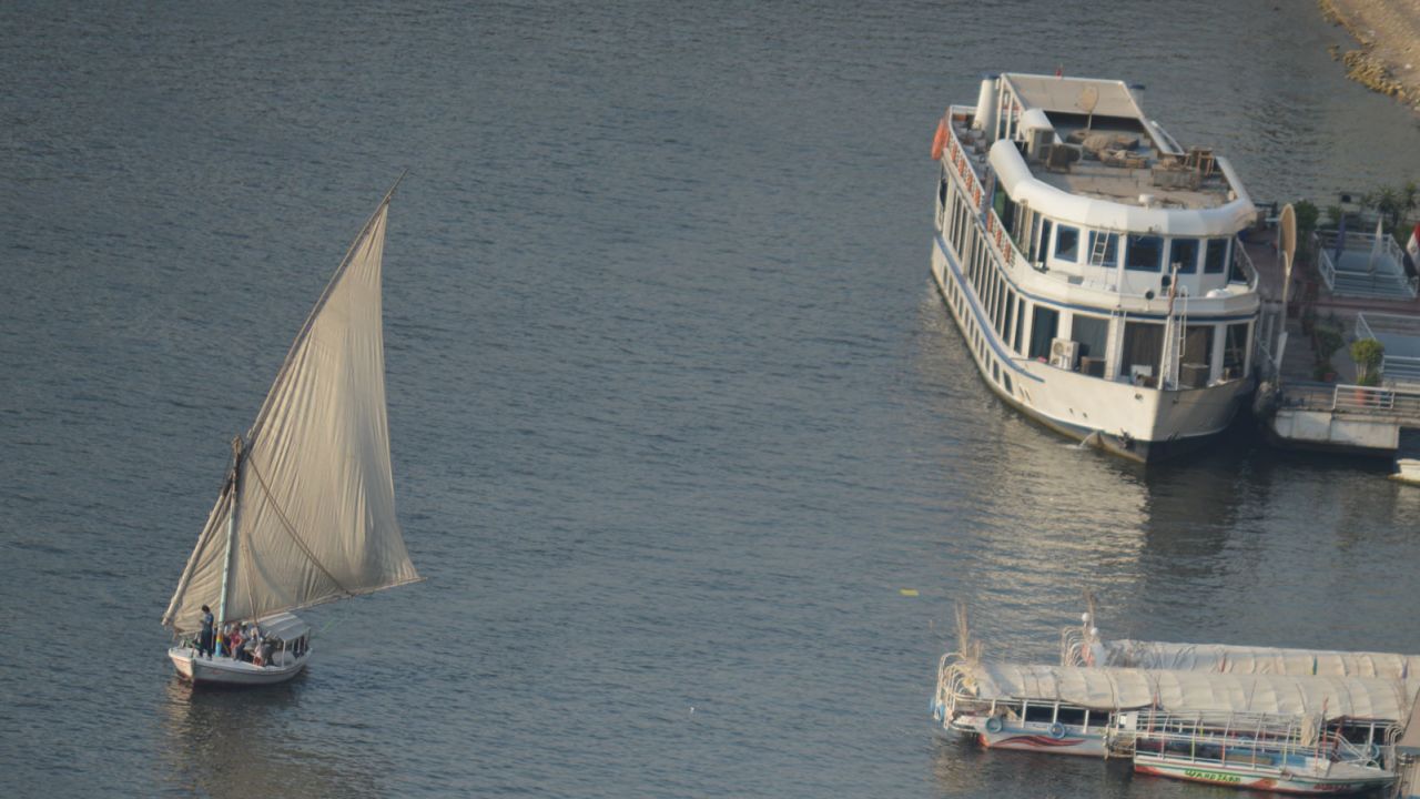 Luxury cruise ship Oberoi Zahra sails across the Nile between Luxor and Aswan.
