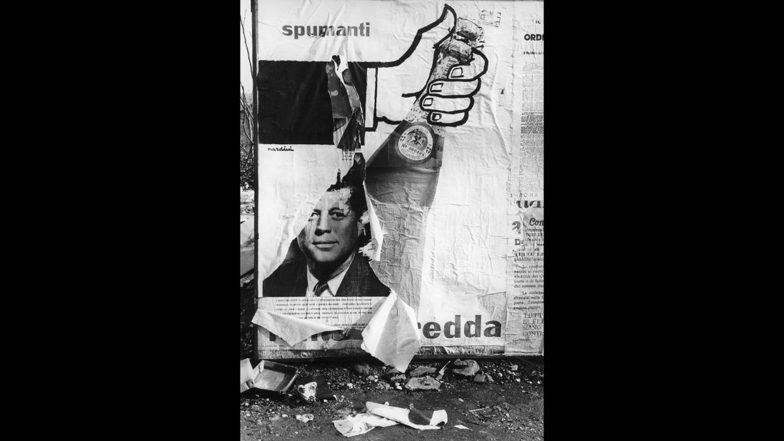 People often layered posters on the streets of Rome, Wurmfeld says. She was intrigued by this juxtaposition of an advertisement for sparkling wine and a photograph of  US President John F. Kennedy, who was shot in November 1963 and had been much loved by Italians.  