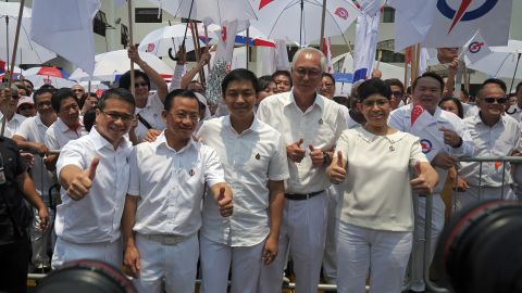 Singapore PAP members (front L to R) Edwin Tong, Seah Kian Peng, Tan Chuan-Jin, former prime minister Goh Chok Tong and Fatimah Lateef on September 1, 2015.