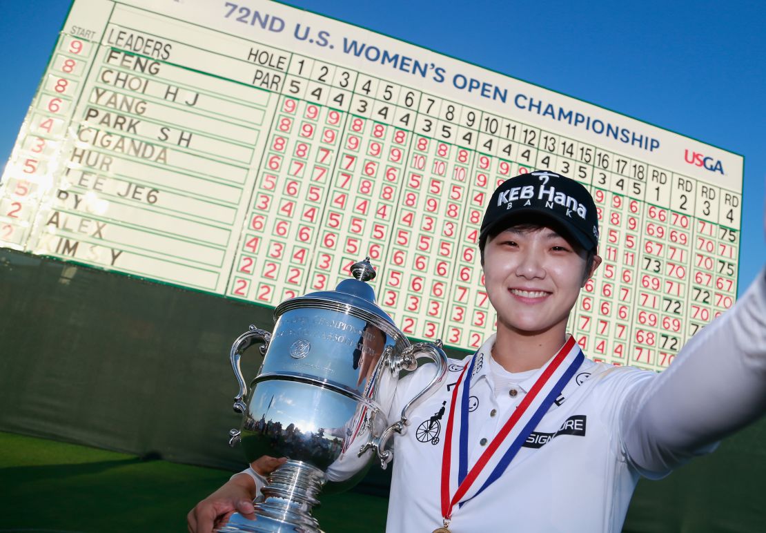 Park Sung-hyun celebrates winning the US Women's Open Championship at Trump National Golf Club on July 16, 2017.