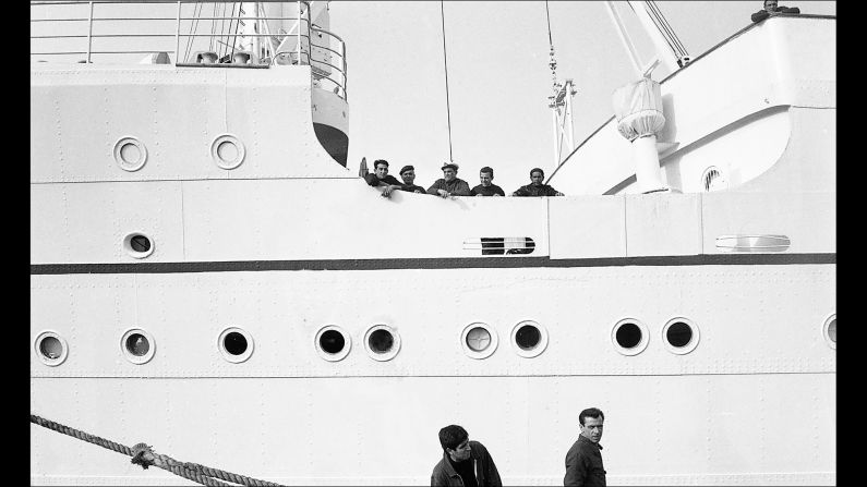 Wurmfeld and her husband traveled on this ship, docked at the Port of Naples, and so did their car, which they watched being lifted on board. She loves the "formality" of the photo, with the men and portholes neatly lined up at different levels. She also thinks it could engage viewers by provoking questions for those who don't what it's about: "Who are these guys? What are they doing? Why is there a rope?"