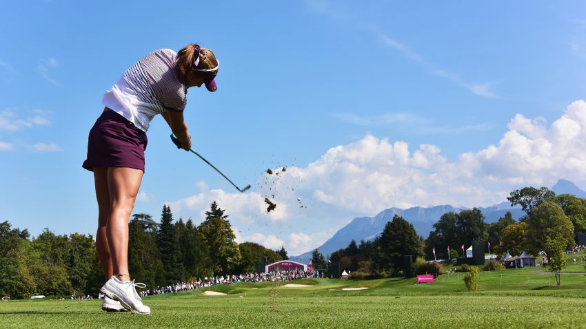 EVIAN-LES-BAINS, FRANCE - SEPTEMBER 11:  Lexi Thompson of USA plays a shot during the second round of the Evian Championship Golf on September 11, 2015 in Evian-les-Bains, France.  (Photo by Stuart Franklin/Getty Images)