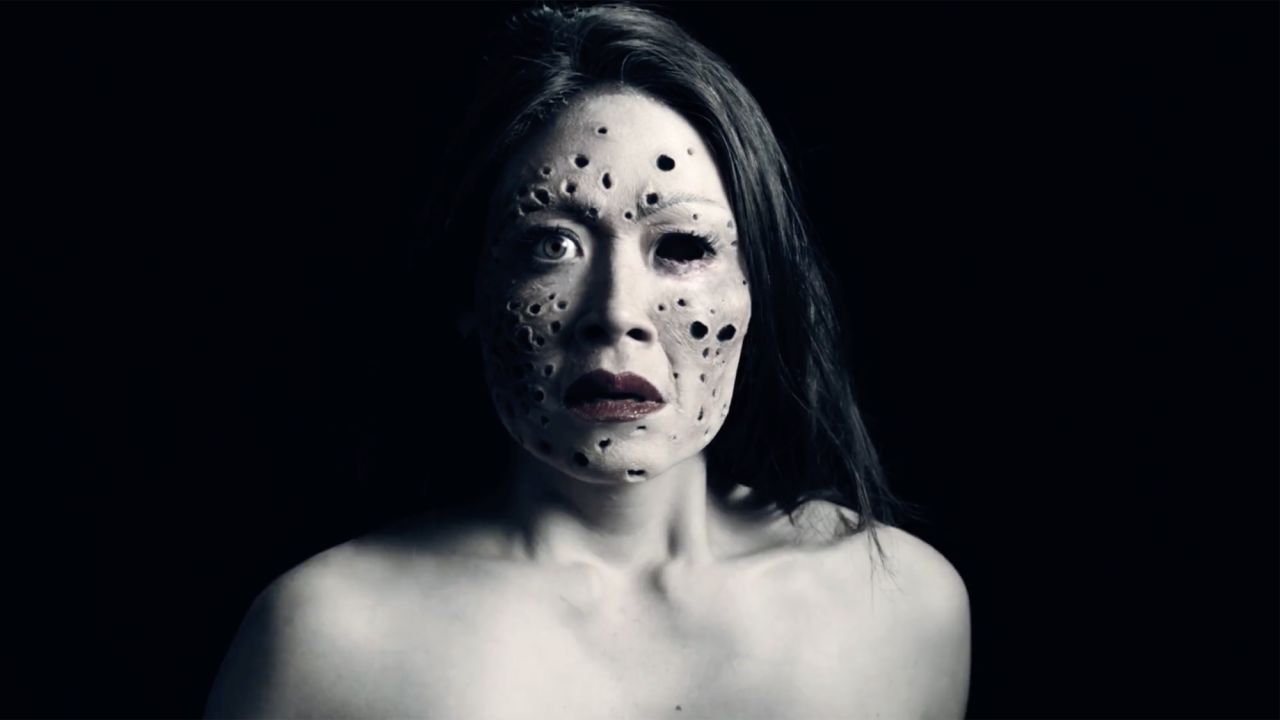 This advertisement for "American Horror Story: Cult" appears to use lotus pod imagery to create this photo-edited effect. The lead character in the series, Ally Mayfair Richards (played by Sarah Paulson), suffers from trypophobia.<br /><br />"My husband and I were watching 'American Horror Story' and I didn't have any idea what the show would be about," said trypophobia sufferer Jennifer Andresen. "The piece of coral she saw freaked me out so badly that I had to tell my husband. Up to now, I've kept it to myself because it seemed so silly, so odd."