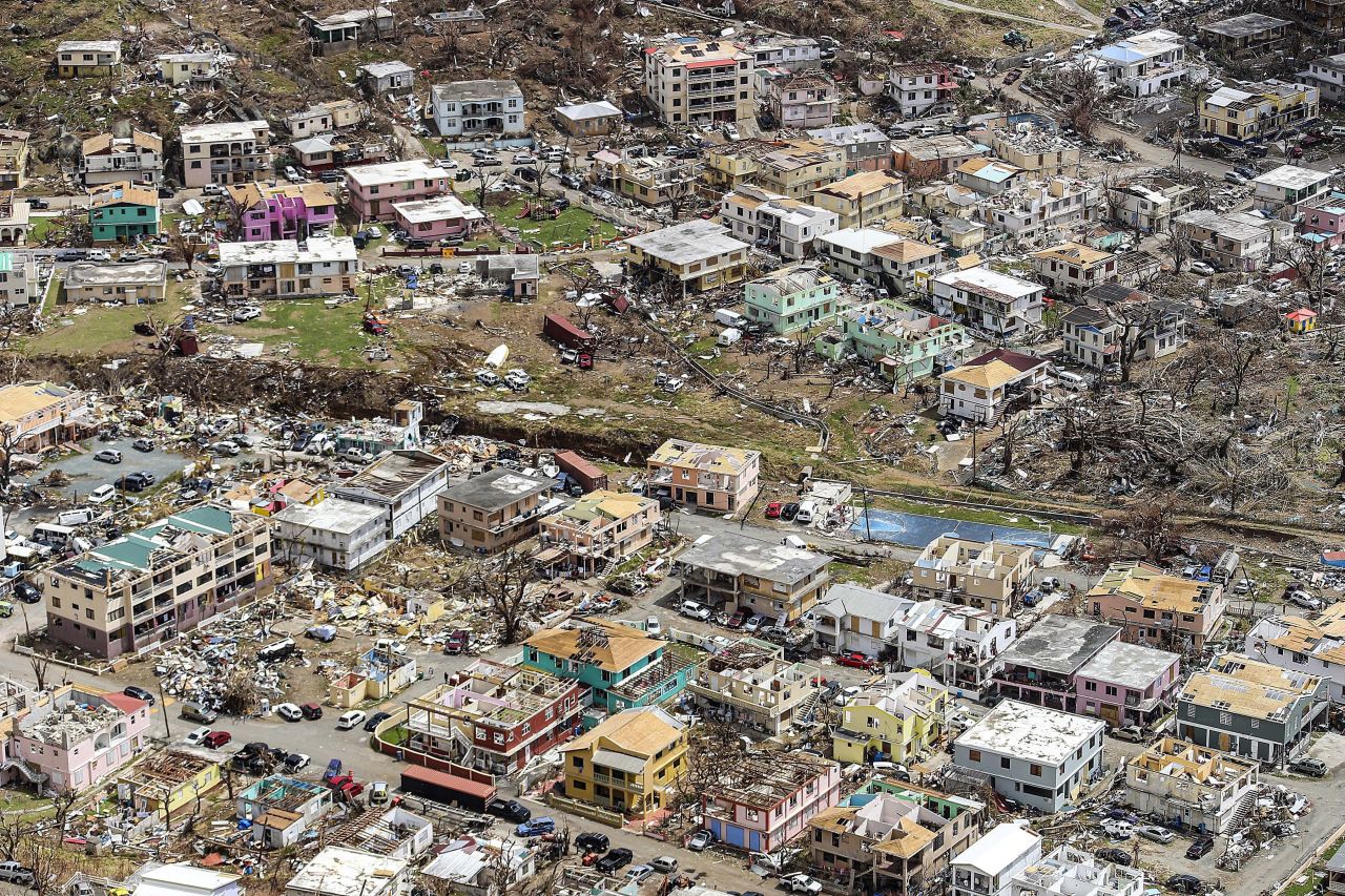 An aerial photo shows the devastation in Road Town, the capital of Tortola, the largest and most populated of the British Virgin Islands, on Wednesday, September 13.
