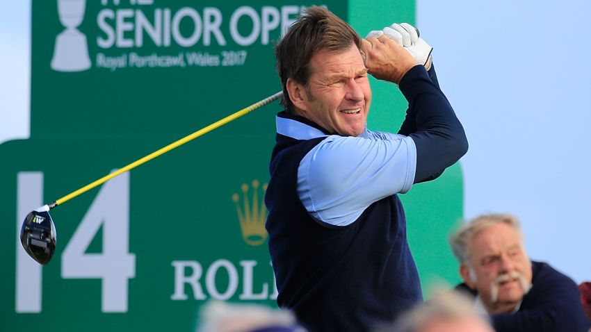 BRIDGEND, WALES - JULY 27:  Sir Nick Faldo of England in action during the first round of the Senior Open Championship presented by Rolex at Royal Porthcawl Golf Club on July 27, 2017 in Bridgend, Wales.  (Photo by Phil Inglis/Getty Images)
