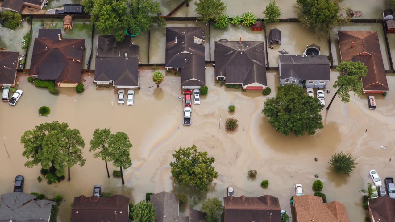 Neighborhoods near Interstate 10 in Houston sit in floodwaters in the wake of Hurricane Harvey.