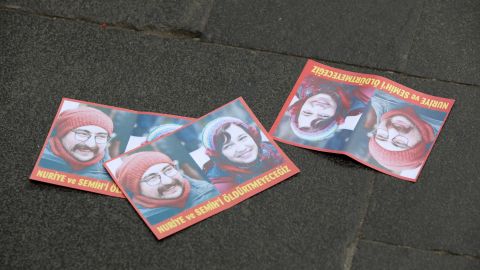 Leaflets bearing pictures of the two hunger-strikers are seen on a street after a support demonstration in the Turkish capital of Ankara on June 3.
