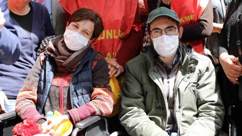 Ex-primary school teacher Semih Ozakca, right, and academic Nuriye Gulmen demonstrate in May.