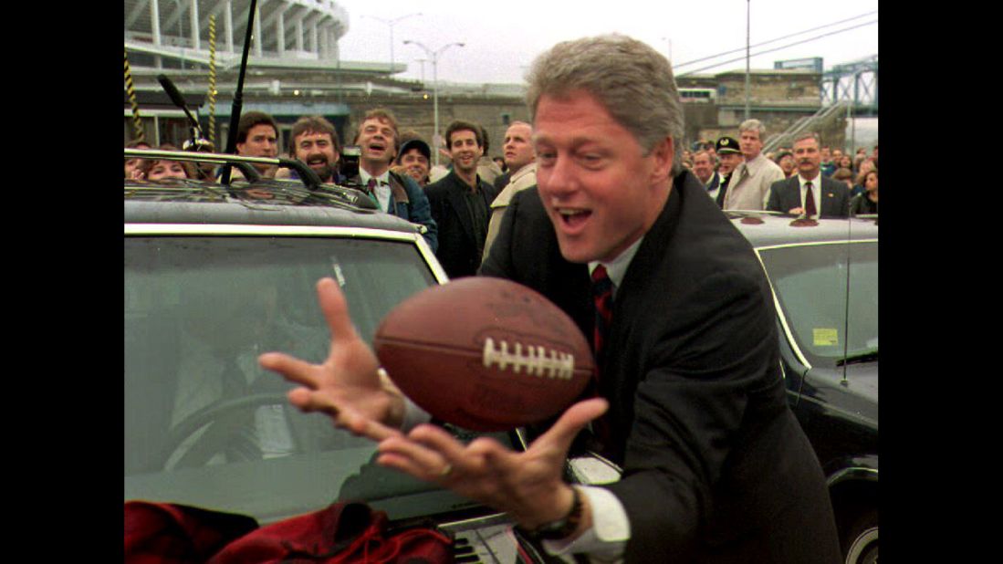 On November 1, 1992, Democratic presidential candidate Bill Clinton hosted a tailgating party before a Cincinnati Bengals-Cleveland Browns football game in Cincinnati, Ohio -- a key swing state that would help him win the presidential election a few days later. 
