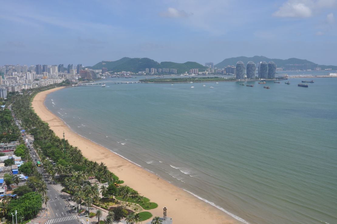 A birds-eye view of the vista of Sanya Bay, taken in June, featuring the new Phoenix Island in the top right.