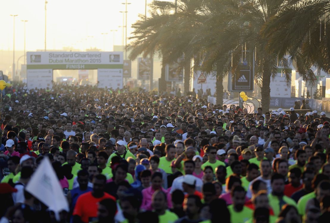 Runners at the starting line of the Dubai Marathon, January 23, 2015. First run in the year 2000, the marathon is now extremely popular, with the winner receiving $200,000 -- one of the highest race prizes in the world.