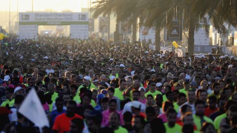 Runners at the starting line of the Dubai Marathon, January 23, 2015. First run in the year 2000, the marathon is now extremely popular, with the winner receiving $200,000 -- one of the highest race prizes in the world.