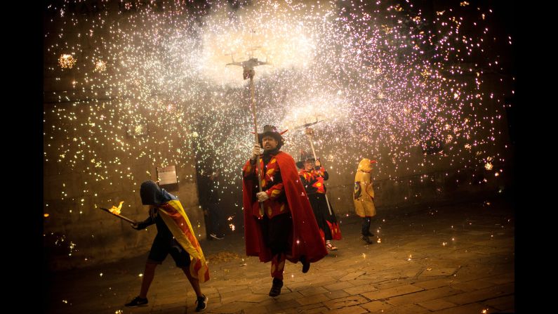 Fireworks are carried in Vilafranca del Penedes, Spain, during a Catalan pro-independence rally on Sunday, September 10.