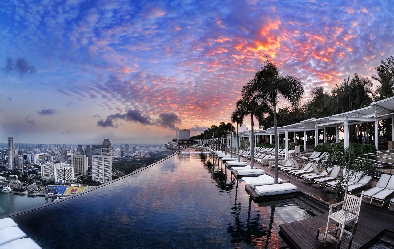 <strong>Work out and make up: </strong>The 150-meter-long infinity rooftop pool on top of the Marina Bay Sands features in a scene involving a fancy aqua aerobics class, while the rooftop bar and restaurant, Ce La Vi, is the setting for the couple's reconciliation.
