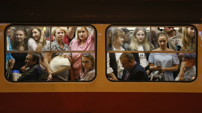 Passengers fill a tram in Kiev, Ukraine, on Monday, September 11.