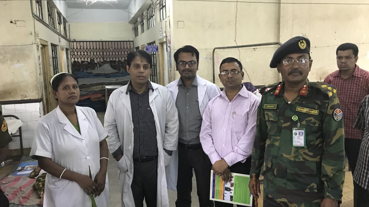 Brig. Gen. Muhammed Jalal Uddin, (front, right) is worried that the hospital will soon run out of basic supplies. He stands next to members of the hospital's orthopaedic surgery team.