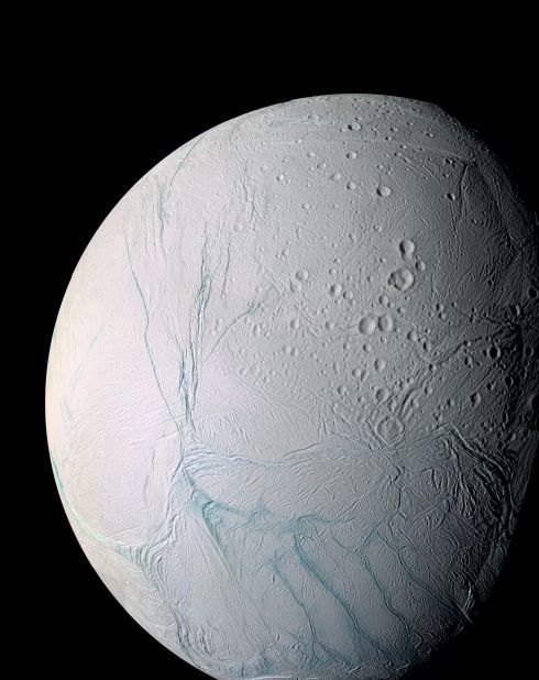 Saturn's moon, Enceladus, is a small, icy world. For scientists, it's also one of the most interesting places in our solar system. Cassini discovered Enceladus is an active moon with a global ocean of liquid salty water beneath its crust. Planetary scientists now think Enceladus may possibly be hospitable to life.  "Enceladus discoveries have changed the direction of planetary science," said Cassini project scientist Linda Spilker. This mosaic was created from 21 false-color images taken during Cassini's close approaches to Enceladus on March 9 and July 14, 2005.