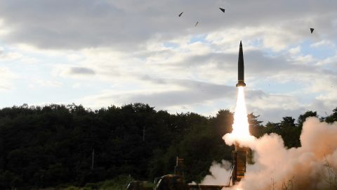 A South Korean Hyunmoo II ballistic missile is fired during an exercise at an undisclosed location on September 15, 2017. 