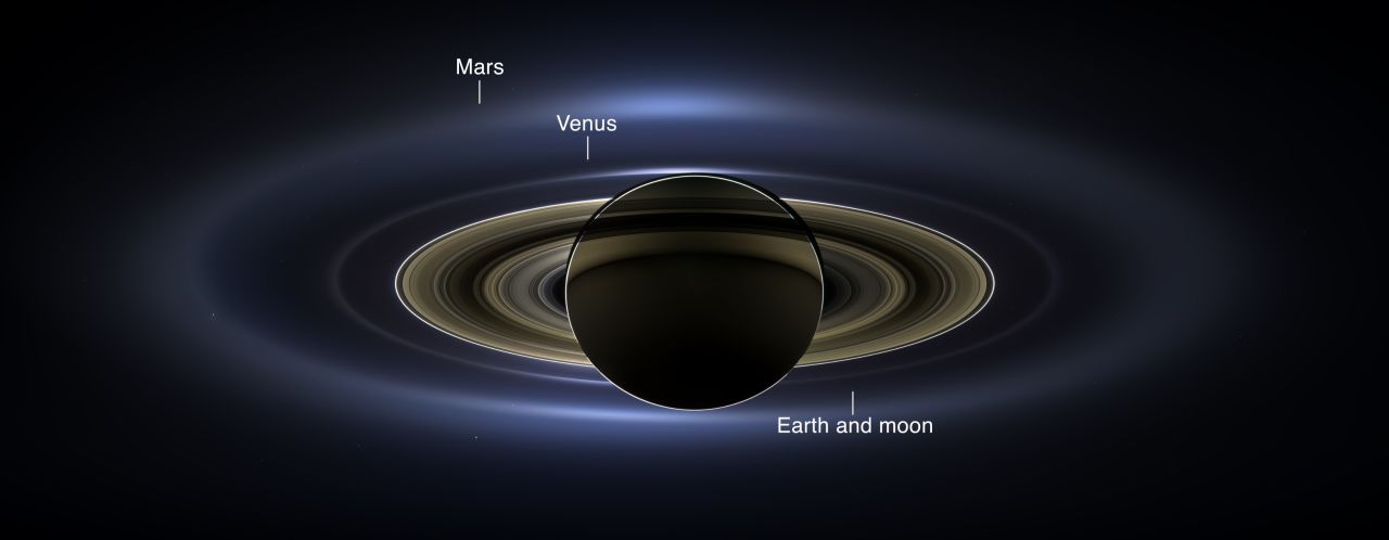 On July 19, 2013, Cassini snapped a very special vista of our home world. The spacecraft  slipped into Saturn's shadow and, with the sun blocked, it was able to image not only Saturn, but seven of its moons, its inner rings -- and, in the background, Earth and our moon.