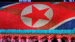 The North Korean flag in Pyongyang, North Korea, at May Day Stadium on September 8, 2012.