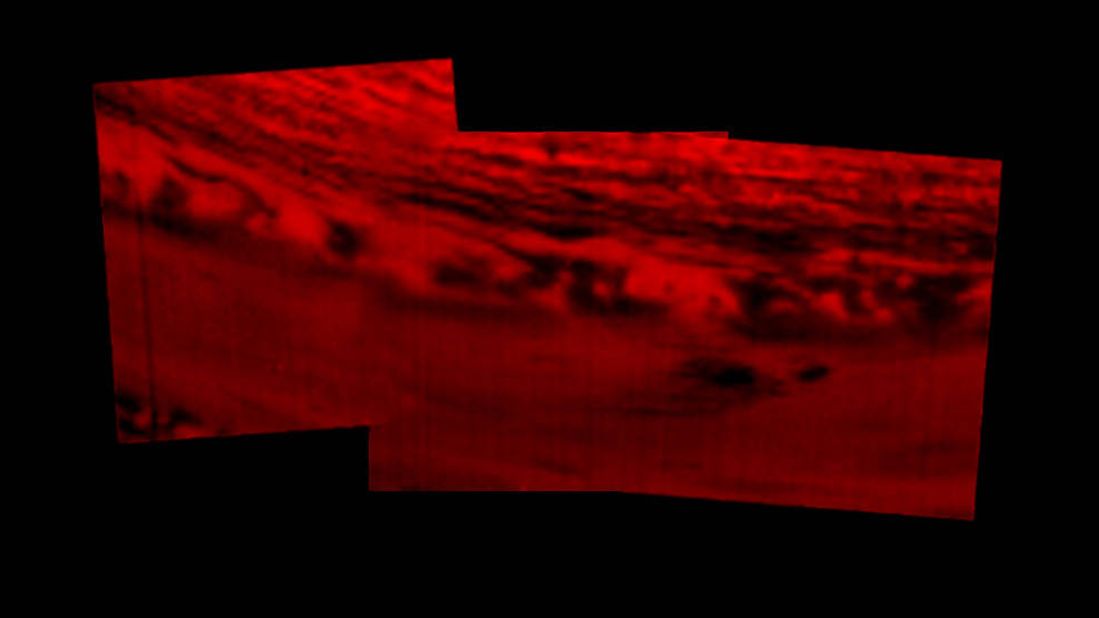 This is Cassini's final resting place. NASA says the montage of images was created using data from Cassini's visual and infrared mapping spectrometer. What you see in the photo are clouds in the atmosphere, silhouetted against that inner glow, according to NASA.