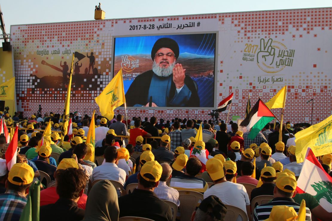 Hezbollah's secretary general Hasan Nasrallah delivers a televised speech to Lebanese supporters in August.