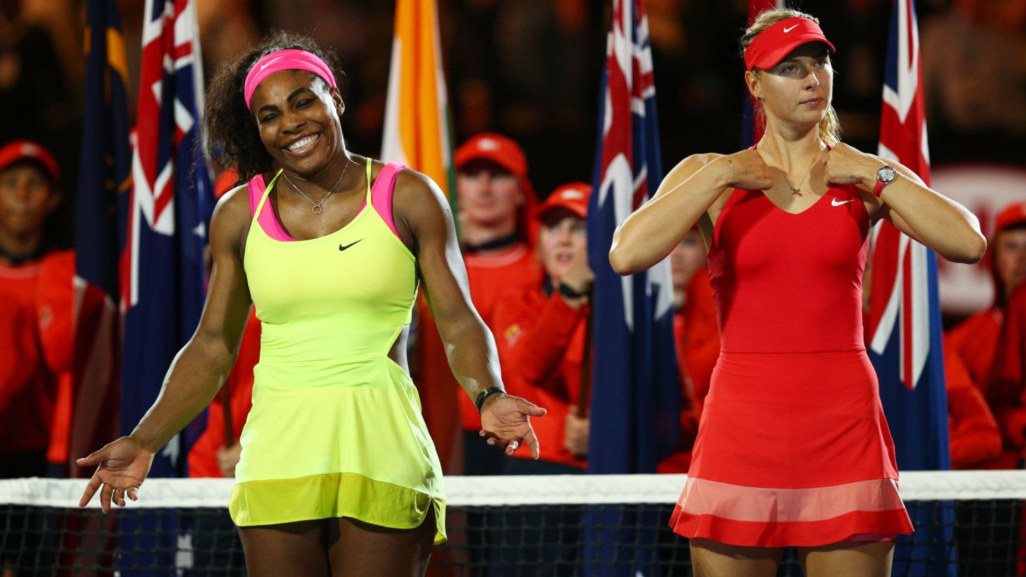 MELBOURNE, AUSTRALIA - JANUARY 31:  Serena Williams of the United States and Maria Sharapova of Russia stand at the presentation after Williams won their women's final match during day 13 of the 2015 Australian Open at Melbourne Park on January 31, 2015 in Melbourne, Australia.  (Photo by Cameron Spencer/Getty Images)