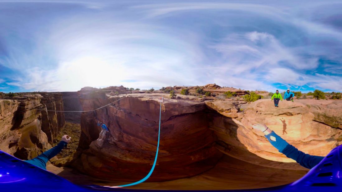 The adventurous can get a glimpse into what it's like to cross a canyon hundreds of feet above the ground (here seen in the Utah deserts) with Discover VR's "<a href="http://www.discoveryvr.com/watch/gillette-slackline/details" target="_blank" target="_blank">Walk the Tight Rope.</a>"<br />