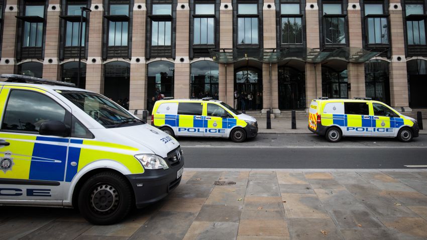LONDON, ENGLAND - SEPTEMBER 16: Police vans sit parked outside Portcullis House in Westminster on September 16, 2017 in London, England. An 18-year-old man has been arrested in Dover in connection with yesterday's terror attack on Parsons Green station in which 30 people were injured. The UK terror threat level has been raised to 'critical'. (Photo by Jack Taylor/Getty Images)