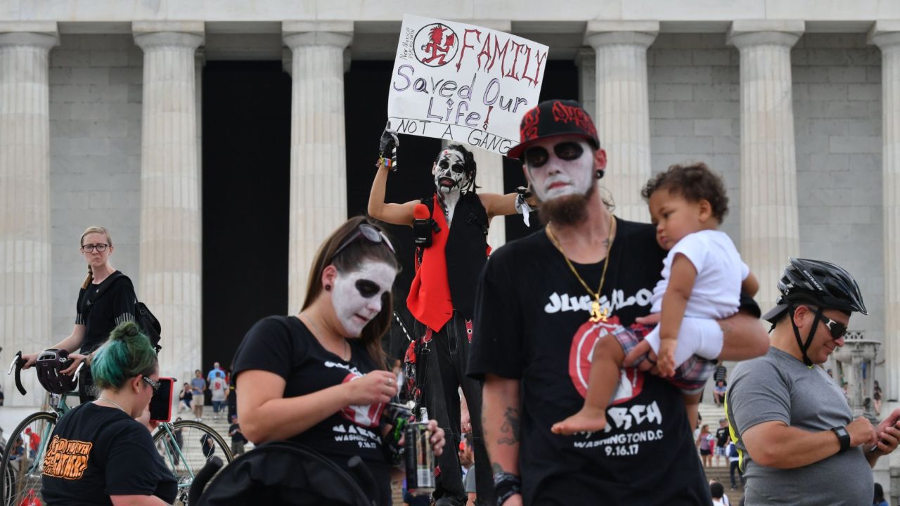 Fans of the US rap group Insane Clown Posse, known as Juggalos, gather on September 16, 2017 in front of the Lincoln Memorial in Washington, D.C. to protest at a 2011 FBI decision to classify their movement as a gang. / AFP PHOTO / PAUL J. RICHARDS        (Photo credit should read PAUL J. RICHARDS/AFP/Getty Images)
