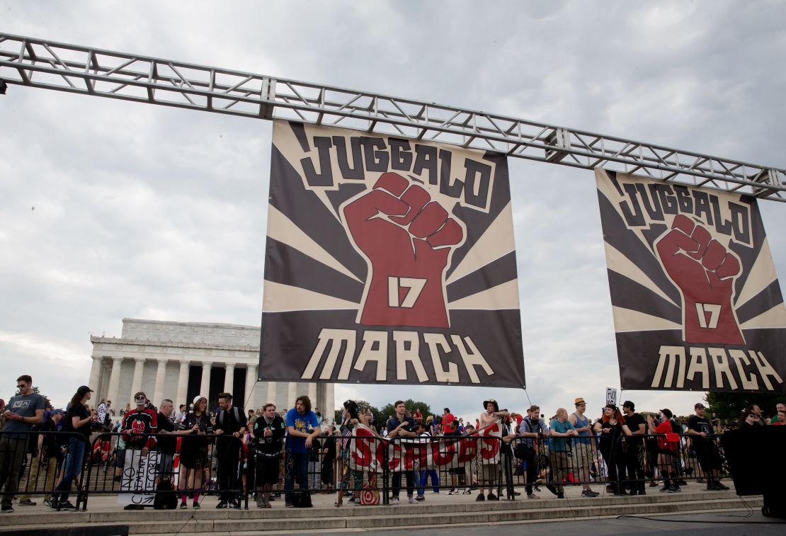 People gather for the Juggalo rally on the National Mall in Washington on Saturday.