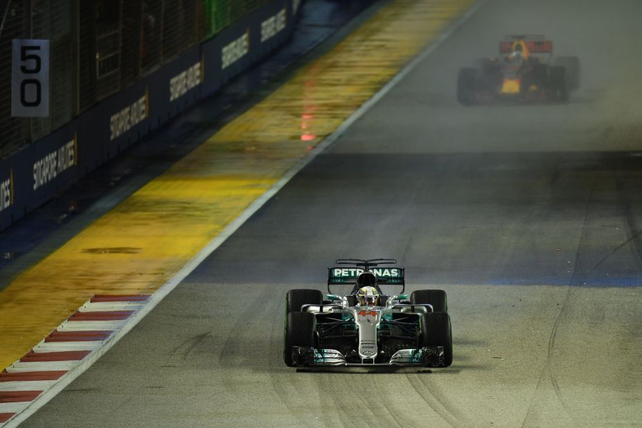Hamilton assumed control of the race early on, slowly building up a lead on Red Bull's Daniel Ricciardo.  