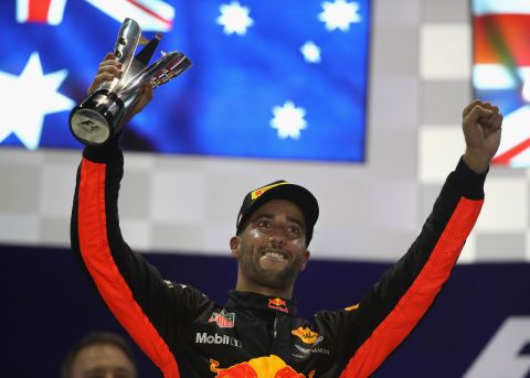 Red Bull's Daniel Ricciardo finished on the podium for the fourth consecutive year in Singapore. "I'm trying to win the bloody thing! I'm trying!" he said on the podium. "I'm a little bit disappointed to miss out on a win." 