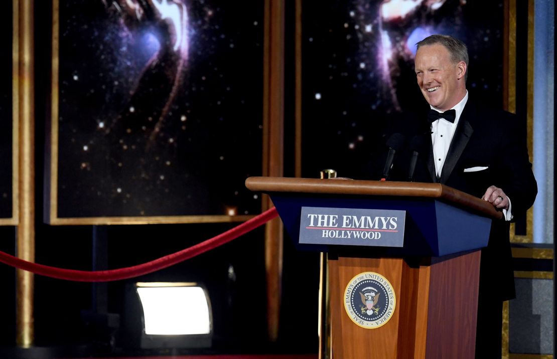 Former White House press secretary Sean Spicer speaks onstage during the 69th Annual Primetime Emmy Awards.