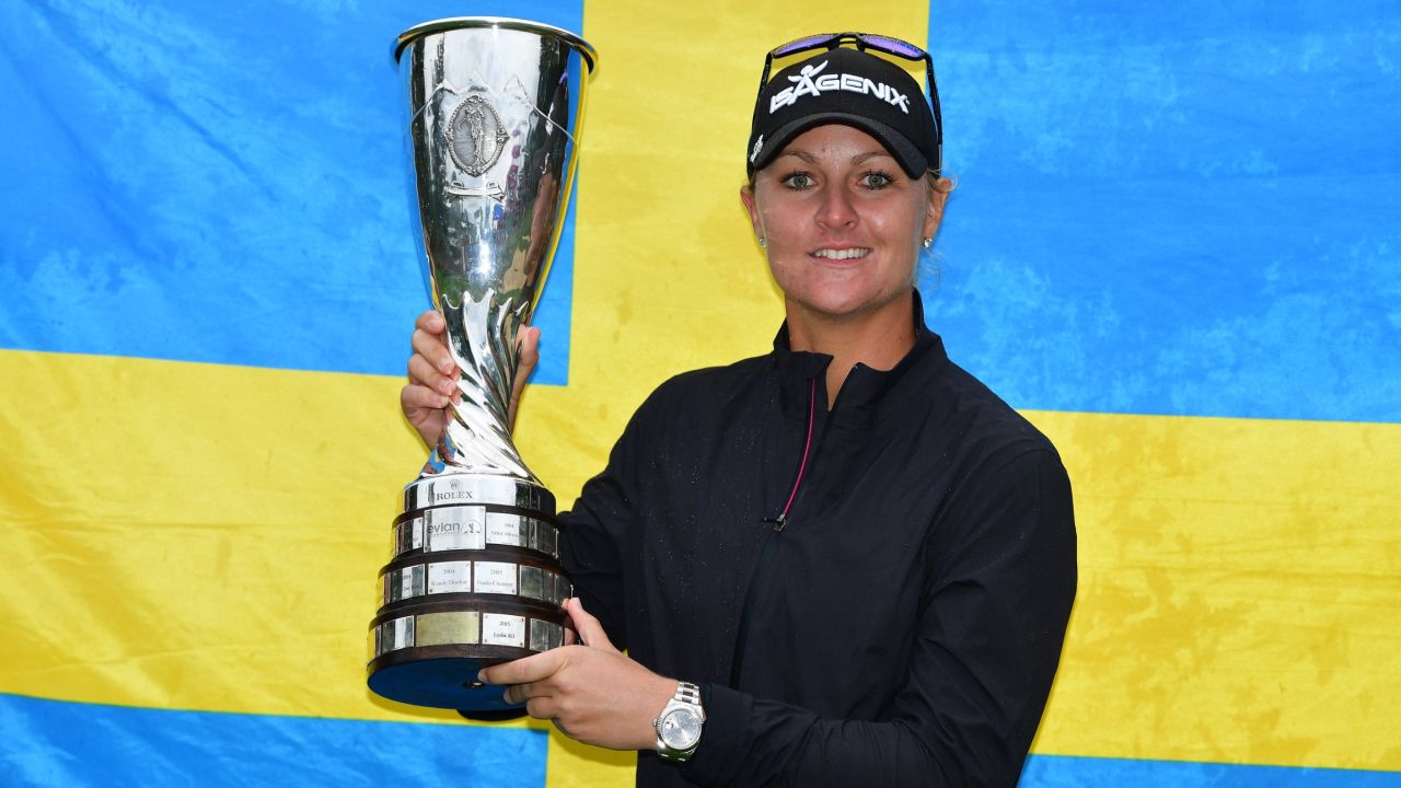 EVIAN-LES-BAINS, FRANCE - SEPTEMBER 17:  Anna Nordqvist of Sweden holds the trophy after winning during the play off after the final round of The Evian Championship at Evian Resort Golf Club on September 17, 2017 in Evian-les-Bains, France.  (Photo by Stuart Franklin/Getty Images)