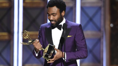 Donald Glover accepts the award for outstanding directing for a comedy series for the "Atlanta" episode "B.A.N." at the 69th Primetime Emmy Awards.