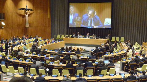 An informal meeting of the UN General Assembly is held at its headquarters in New York on August 30.