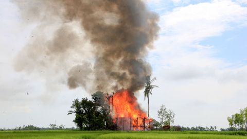 A house burns in Gawdu Tharya village near Maungdaw in Rakhine state in northern Myanmar, September 7, 2017.