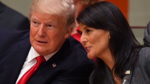 US President Donald Trump and US ambassador to the United Nations Nikki Haley speak during a meeting at the United Nations headquarters in New York last month.