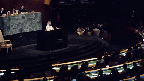 12th November 1974: Palesinian resistance leader and Palestine Liberation Organisation chairman Yasser Arafat speaking at a plenary session of the General Assembly of the United Nations.