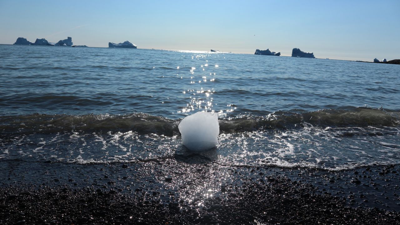 Icebergs bob by Disko Island's black beach. When they calve, they often create tiny tsunamis.