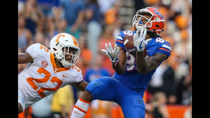 Florida wide receiver Tyrie Cleveland catches a 63-yard "Hail Mary" touchdown pass to defeat Tennessee on Saturday, September 16. <a href="index.php?page=&url=http%3A%2F%2Fbleacherreport.com%2Farticles%2F2733573-feleipe-franks-hail-mary-to-tyrie-cleveland-gives-florida-win-over-tennessee" target="_blank" target="_blank">See the game-winning play</a>