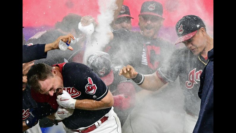 Teammates shower Jay Bruce of the Cleveland Indians after his 10th-inning double defeated the Kansas City Royals on Thursday, September 14. The 3-2 walk-off victory was the last in Cleveland's 22-game winning streak. That's the longest streak in American League history and the second-longest in the history of Major League Baseball.