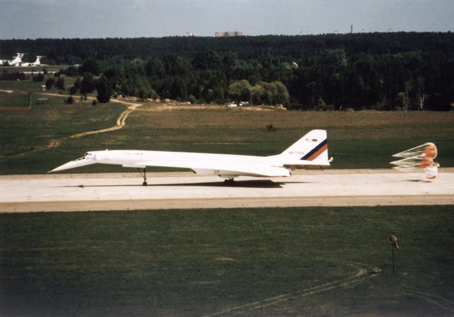 A modified Tupolev Tu-144 touches down and deploys drag chutes following a test flight at the Zhukovsky Air Development Center near Moscow in July 1997.