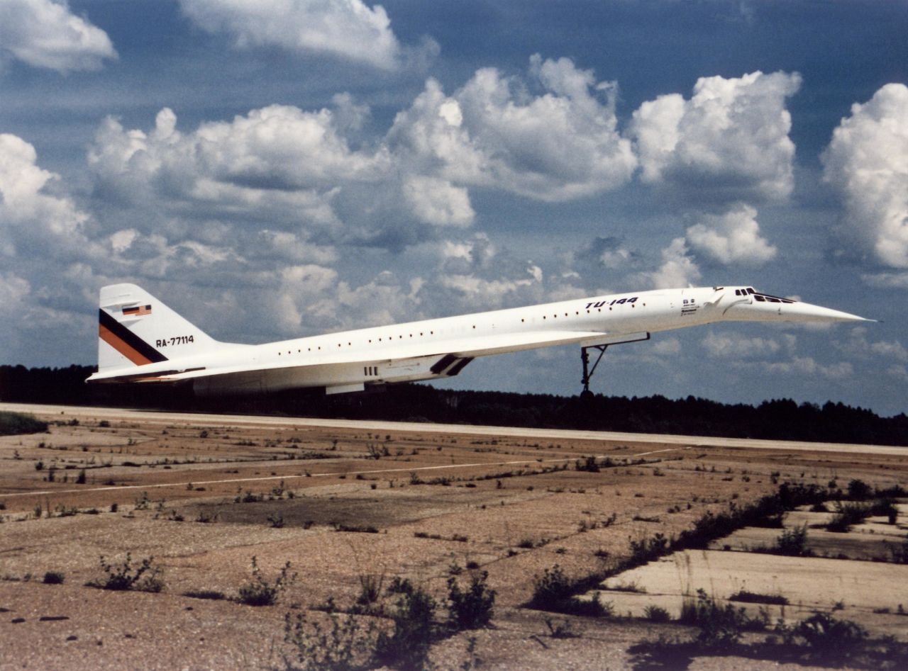 The Tu-144LL supersonic flying laboratory at the Zhukovsky Air Development Center near Moscow in 1997.