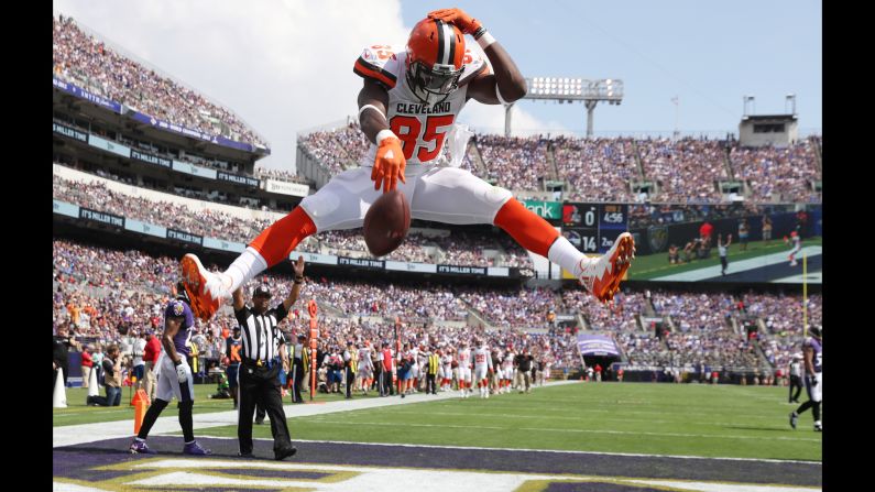 Cleveland tight end David Njoku spikes the ball after scoring a touchdown in Baltimore on Sunday, September 17. It was the Browns' only touchdown in the game, as Baltimore won 24-10.