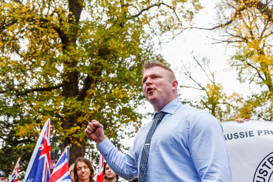 United Patriots Front leader Blair Cottrell speaks during a protest organized by the anti-Islam True Blue Crew in Melbourne, Australia on June 25, 2017. 