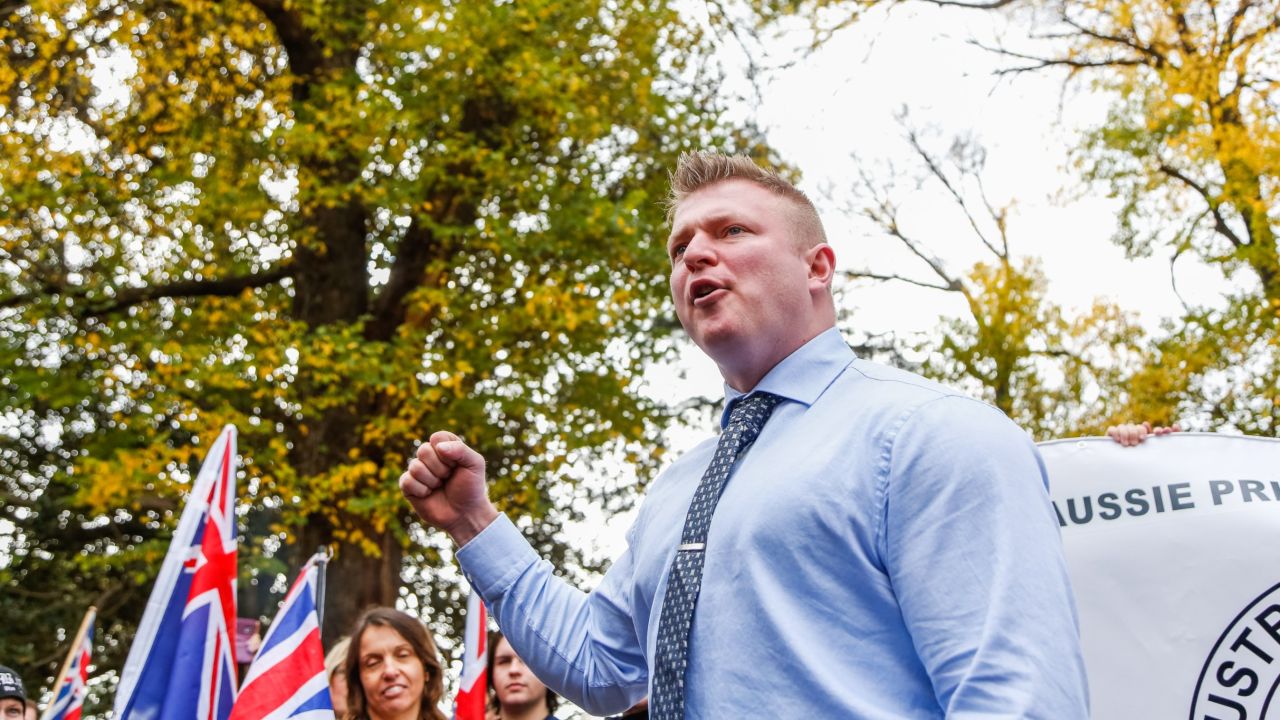 United Patriots Front leader Blair Cottrell speaks during a protest organized by the anti-Islam True Blue Crew in Melbourne, Australia on June 25, 2017. 