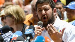 Hatillo's Mayor David Smolansky speaks next to other opposition mayors during a press conference at Bolivar square in the Chacao neighborhood in Caracas, on May 25, 2017. / AFP PHOTO / FEDERICO PARRA        (Photo credit should read FEDERICO PARRA/AFP/Getty Images)